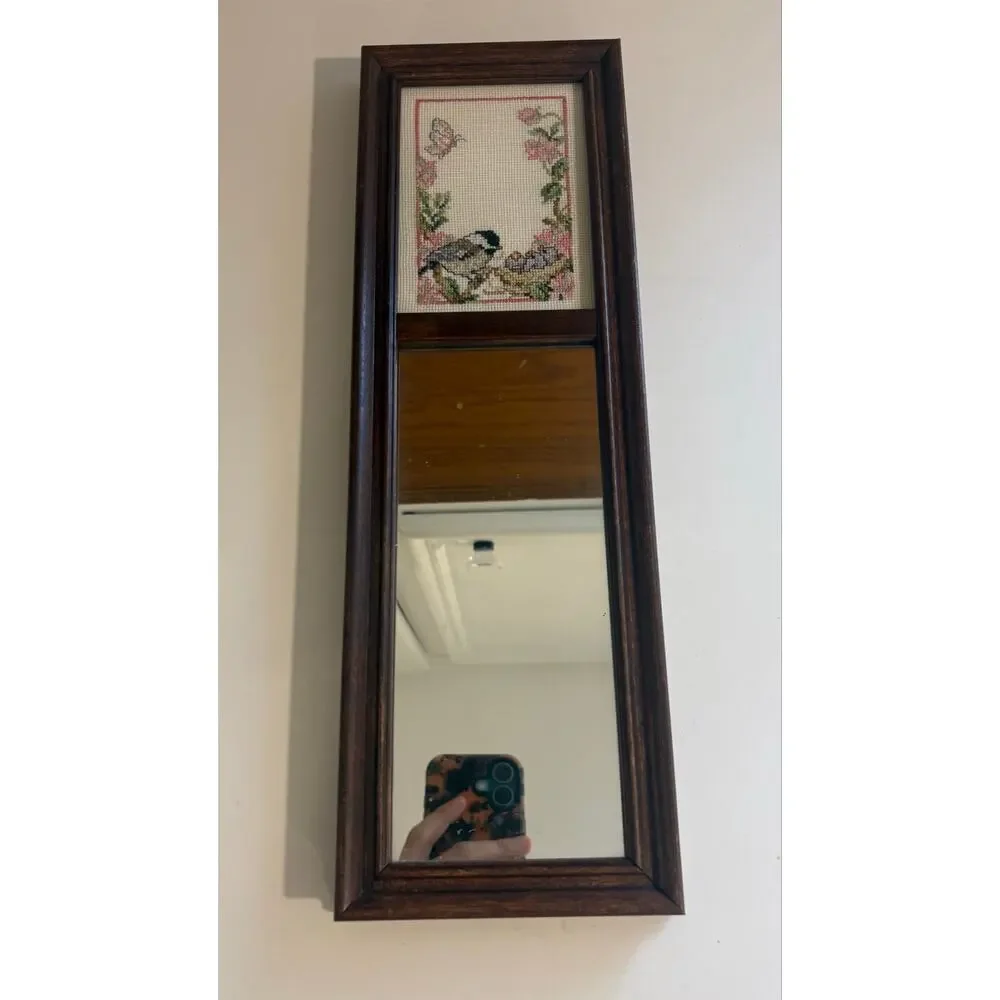 Vintage Wooden Mirror with Bird Cross Stitch